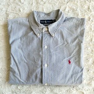 Vintage Ralph Lauren Shirt Mens XL Blue Seersucker Striped Cotton Classic Fit SS